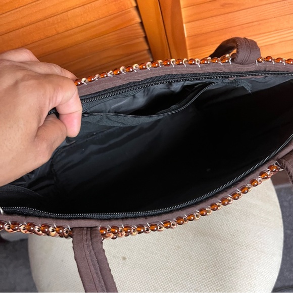 Brown Woven Beaded Tote Bag with Matching Wallet Size Purse - Picture 6 of 7